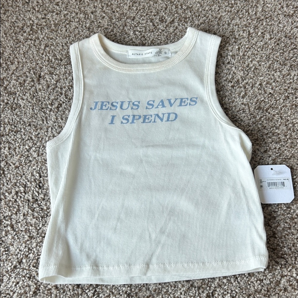 Altar'd State Cream Crop Top with Blue Print